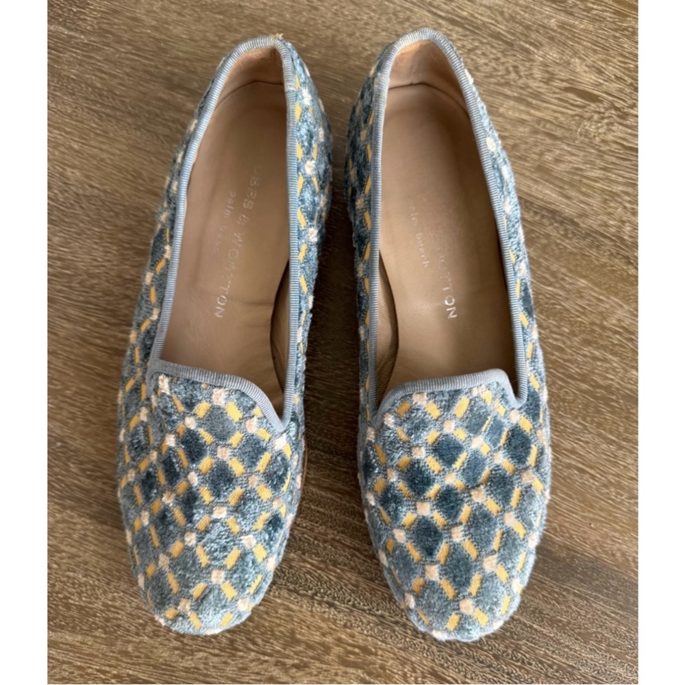 Stubbs & Wootton Velvet Geometric Slippers Loafers Blue Size 6.5